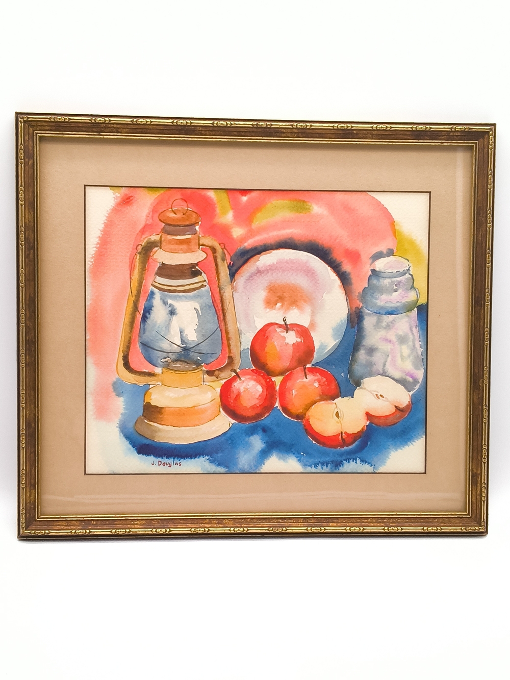 Vintage J. Douglas Signed Framed Watercolor Still Life Lantern & Apples Art